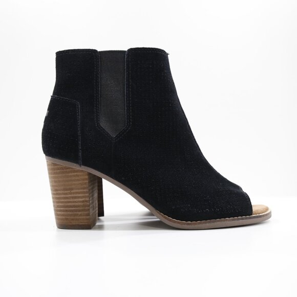 Toms Majorca Black Suede Leather 3" Block Heel Peep Toe Ankle Booties - 10 - Picture 3 of 7